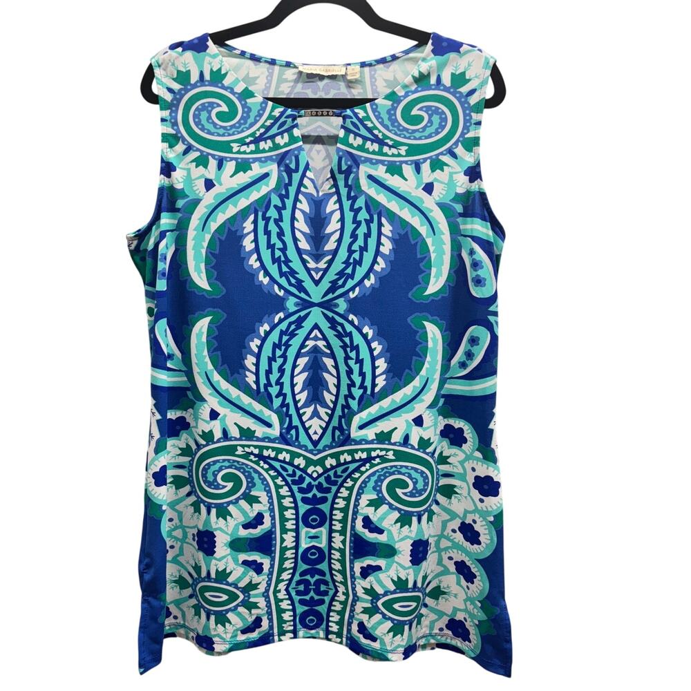 Maria Gabrielle Size 1X Blue Paisley Sleeveless Rhinestone Keyhole Neck Top